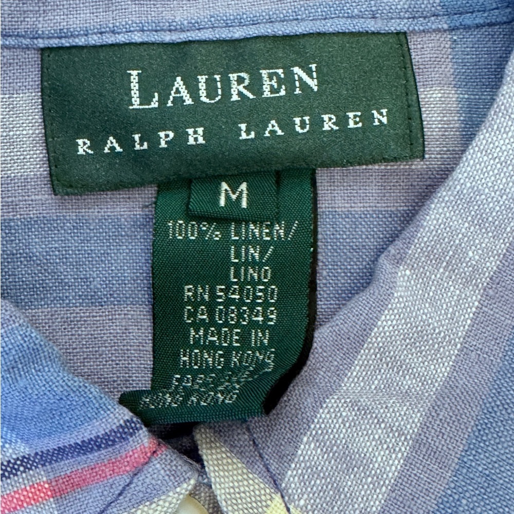 Lauren Ralph Lauren Womens 100% Linen Plaid Button Up Purple Blue Medium Preppy - Picture 7 of 9